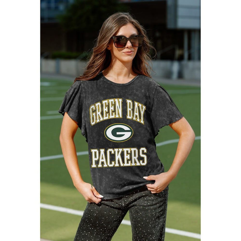 Green Bay Packers Gameday Couture Women's Relaxed Flutter Sleeve T-Shirt Black | NFL