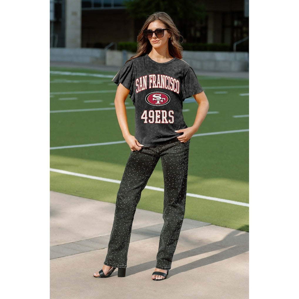 San Francisco 49ers Gameday Couture Women's Relaxed Flutter Sleeve T-Shirt Black | NFL