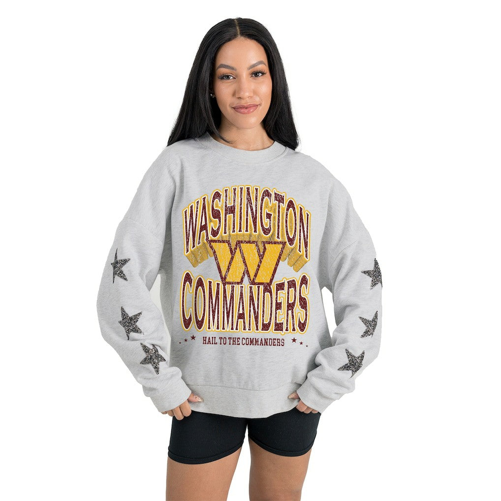 Washington Commanders Gameday Couture Women's Resilience Relaxed Rhinestone Pullover Sweatshirt Ash | NFL