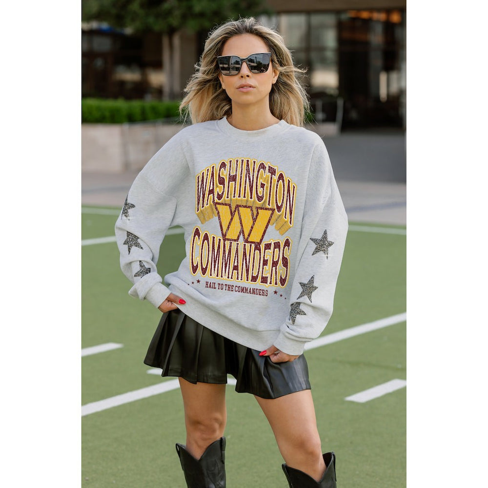 Washington Commanders Gameday Couture Women's Resilience Relaxed Rhinestone Pullover Sweatshirt Ash | NFL