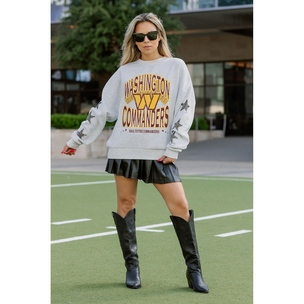 Washington Commanders Gameday Couture Women's Resilience Relaxed Rhinestone Pullover Sweatshirt Ash | NFL