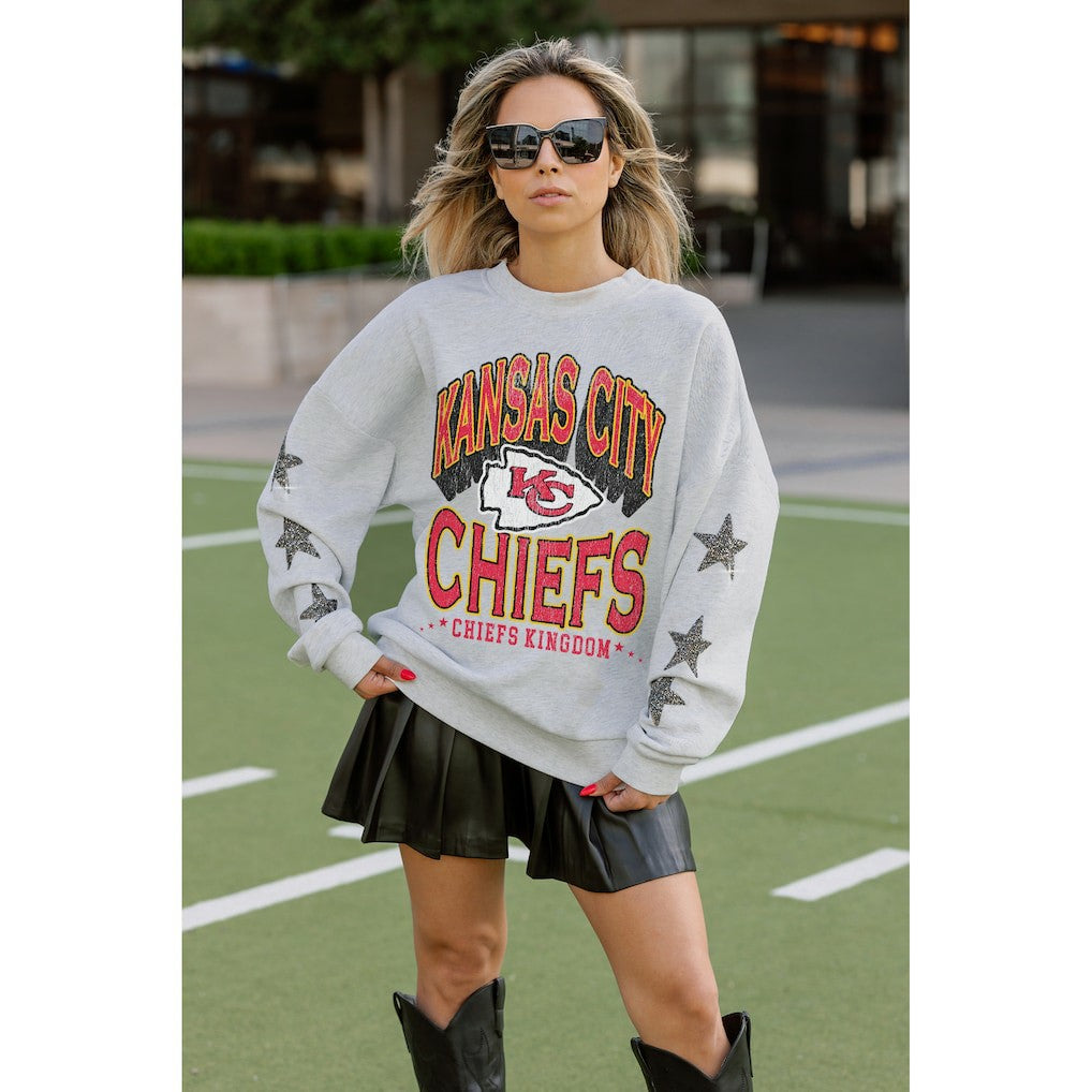 Kansas City Chiefs Gameday Couture Women's Resilience Relaxed Rhinestone Pullover Sweatshirt Ash | NFL