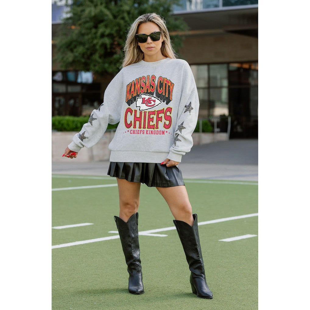 Kansas City Chiefs Gameday Couture Women's Resilience Relaxed Rhinestone Pullover Sweatshirt Ash | NFL