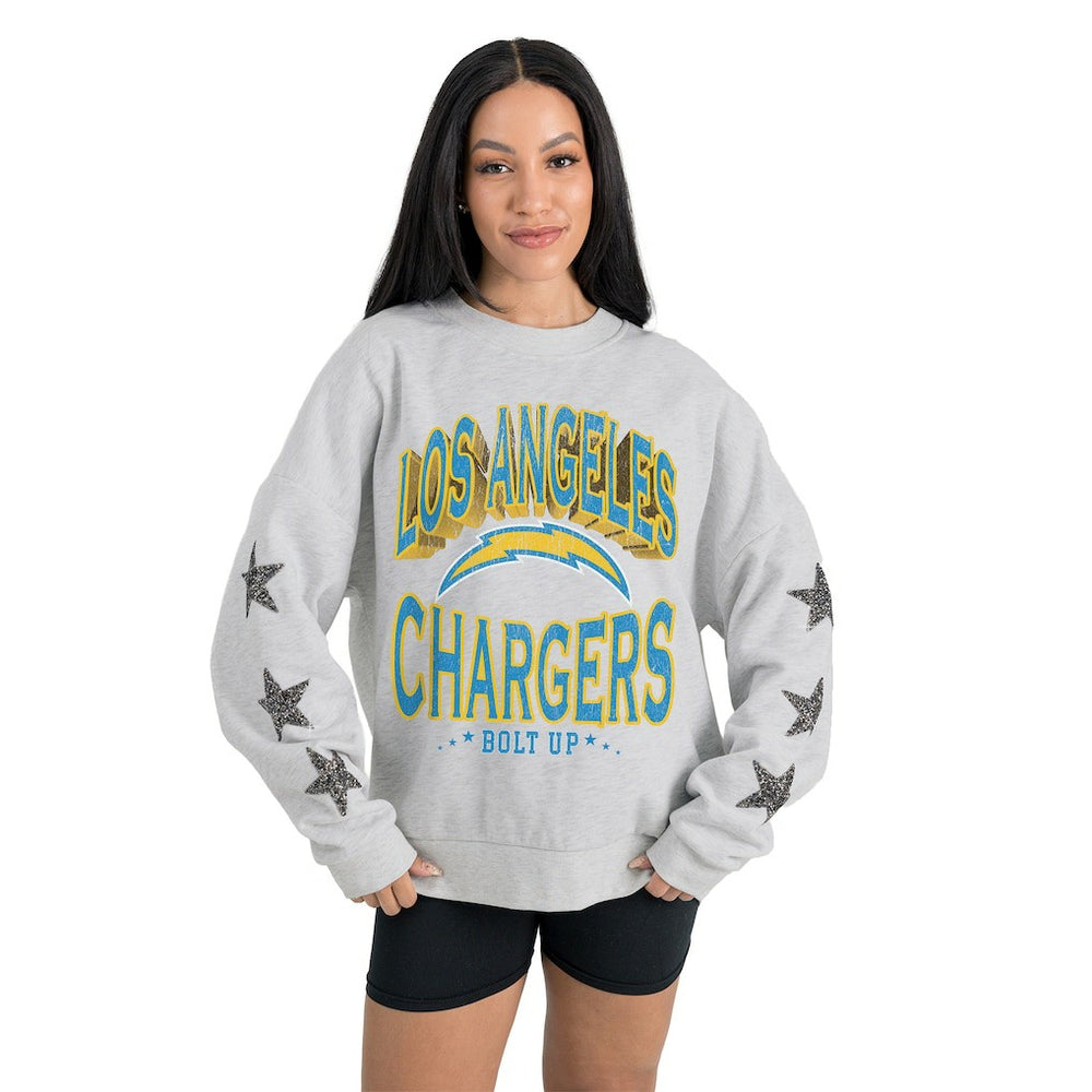 Los Angeles Chargers Gameday Couture Women's Resilience Relaxed Rhinestone Pullover Sweatshirt Ash | NFL