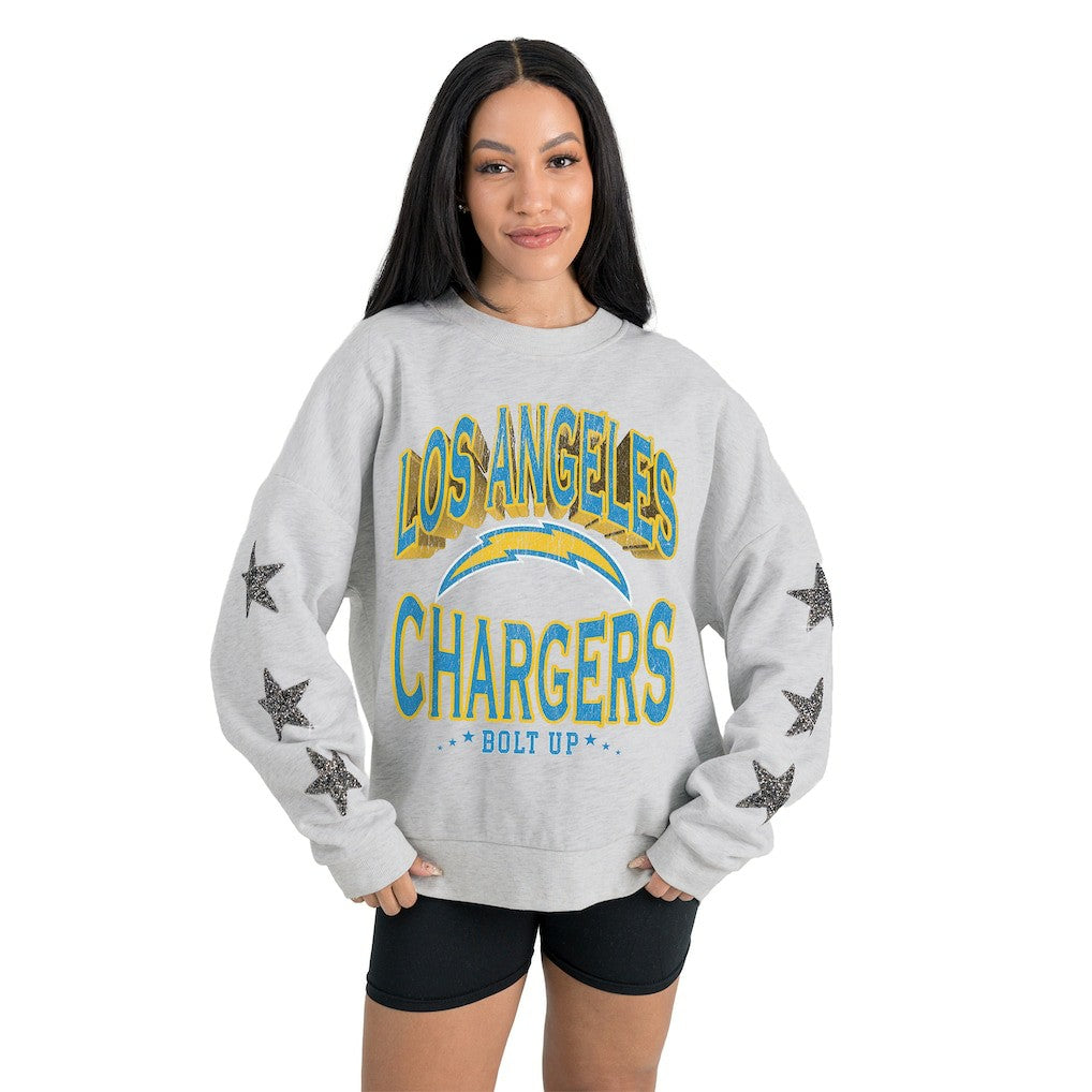 Los Angeles Chargers Gameday Couture Women's Resilience Relaxed Rhinestone Pullover Sweatshirt Ash | NFL