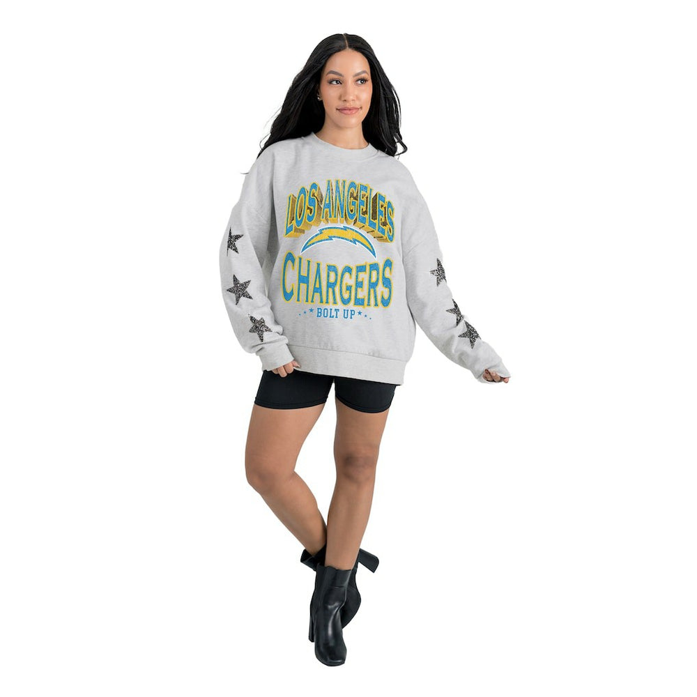 Los Angeles Chargers Gameday Couture Women's Resilience Relaxed Rhinestone Pullover Sweatshirt Ash | NFL