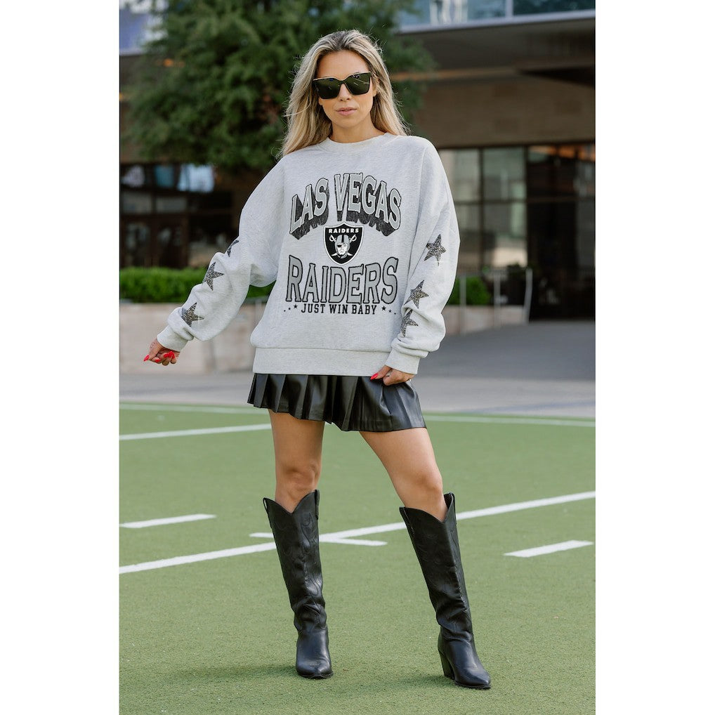 Las Vegas Raiders Gameday Couture Women's Resilience Relaxed Rhinestone Pullover Sweatshirt Ash | NFL