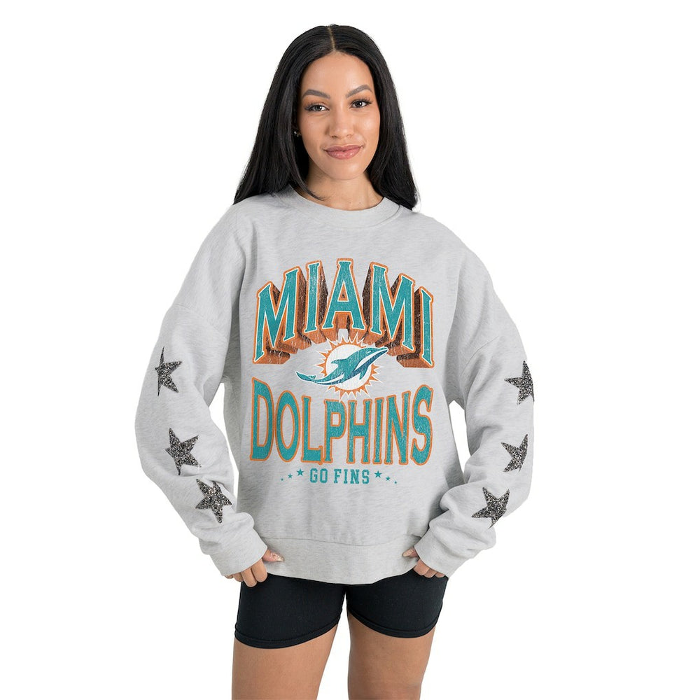 Miami Dolphins Gameday Couture Women's Resilience Relaxed Rhinestone Pullover Sweatshirt Ash | NFL