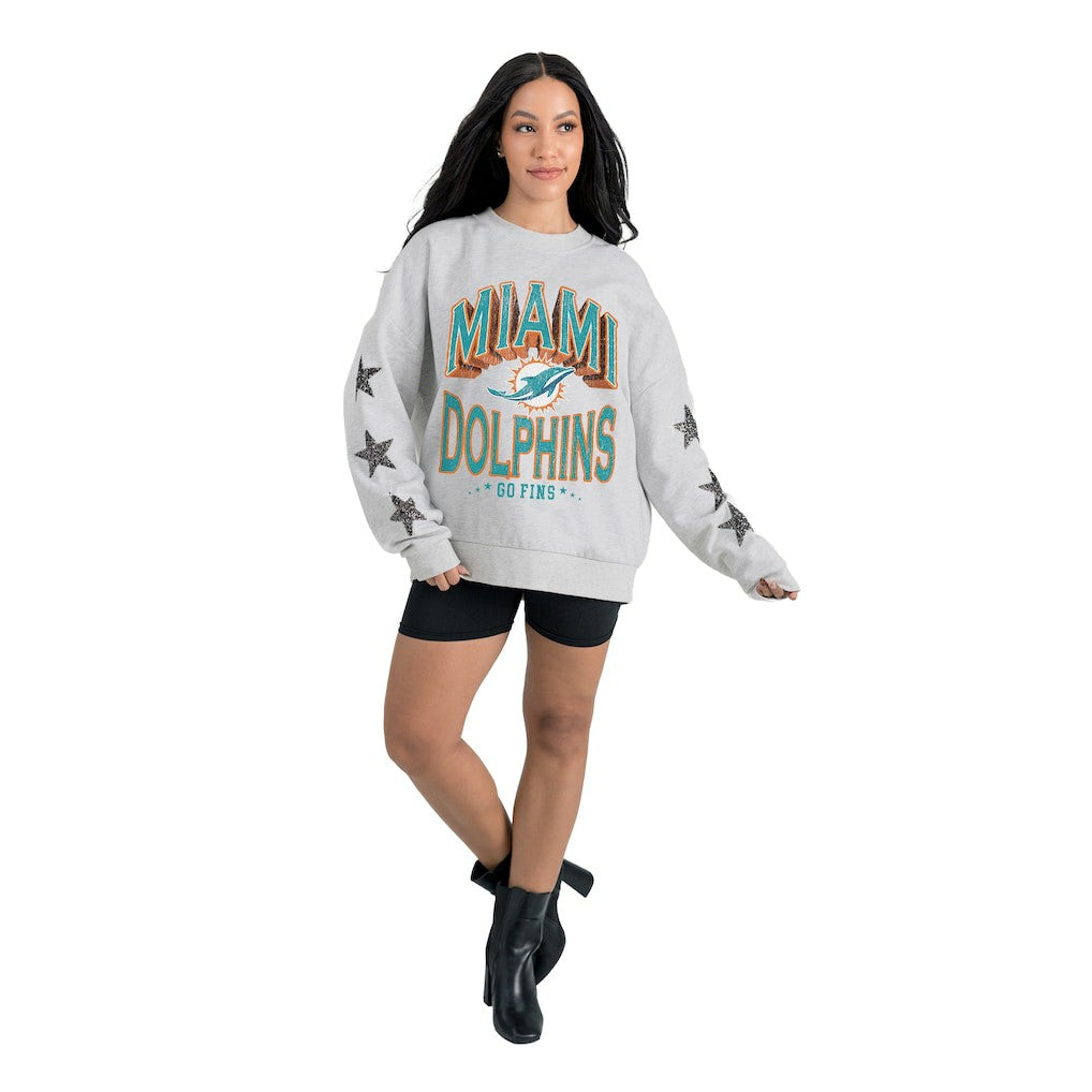 Miami Dolphins Gameday Couture Women's Resilience Relaxed Rhinestone Pullover Sweatshirt Ash | NFL
