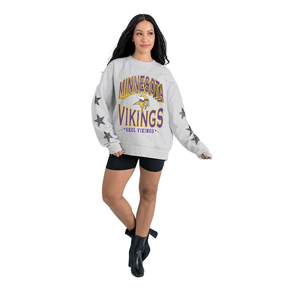 Minnesota Vikings Gameday Couture Women's Resilience Relaxed Rhinestone Pullover Sweatshirt Ash | NFL