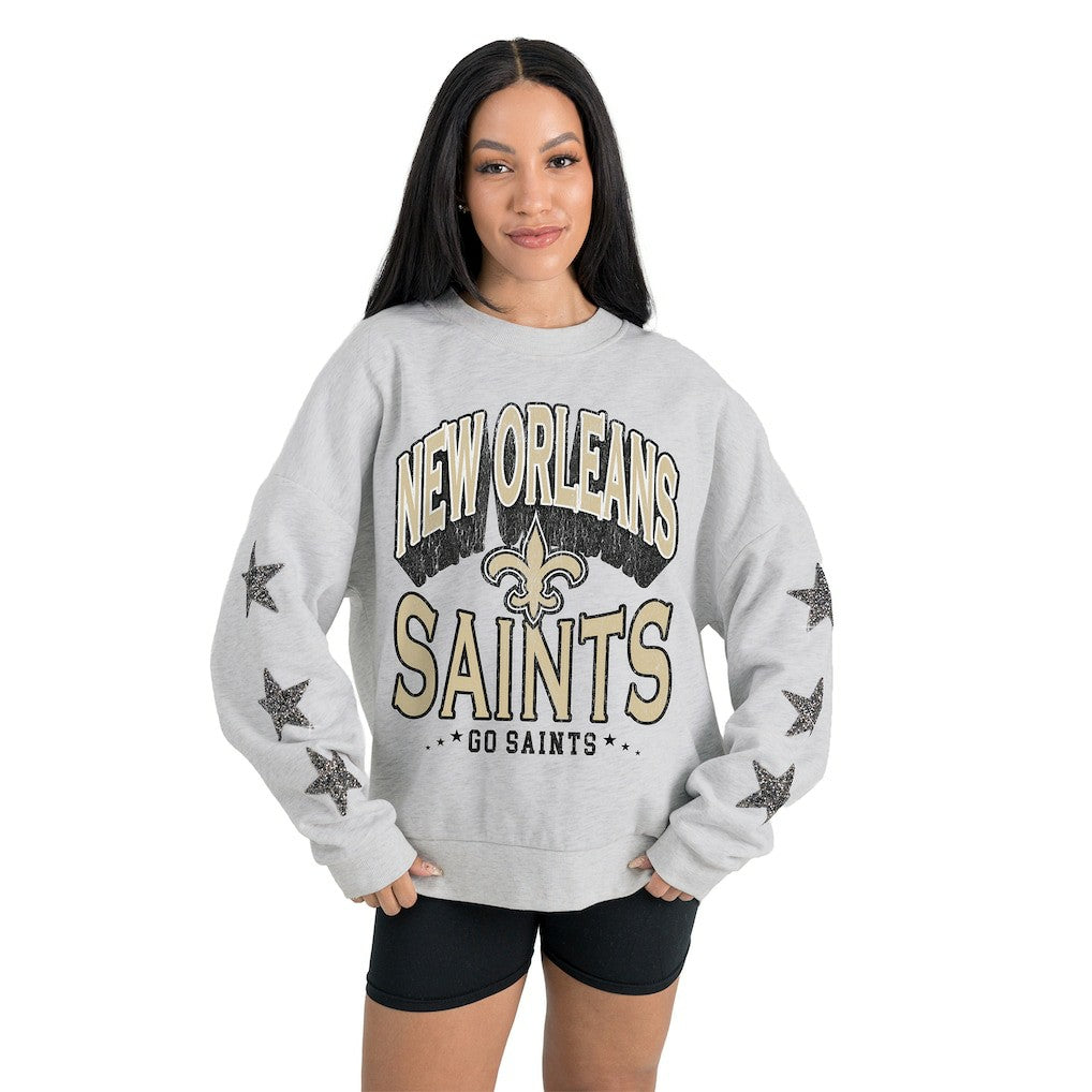 New Orleans Saints Gameday Couture Women's Resilience Relaxed Rhinestone Pullover Sweatshirt Ash | NFL