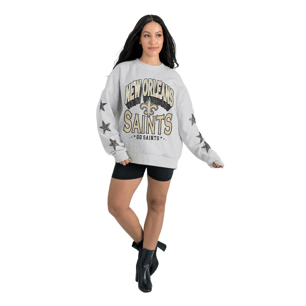 New Orleans Saints Gameday Couture Women's Resilience Relaxed Rhinestone Pullover Sweatshirt Ash | NFL