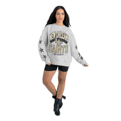 New Orleans Saints Gameday Couture Women's Resilience Relaxed Rhinestone Pullover Sweatshirt Ash | NFL