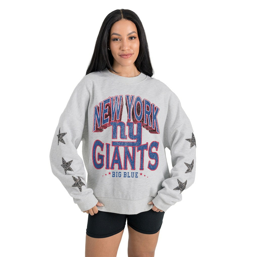 New York Giants Gameday Couture Women's Resilience Relaxed Rhinestone Pullover Sweatshirt Ash | NFL