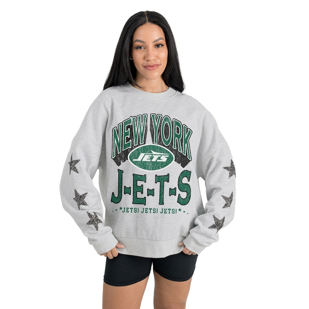 New York Jets Gameday Couture Women's Resilience Relaxed Rhinestone Pullover Sweatshirt Ash | NFL