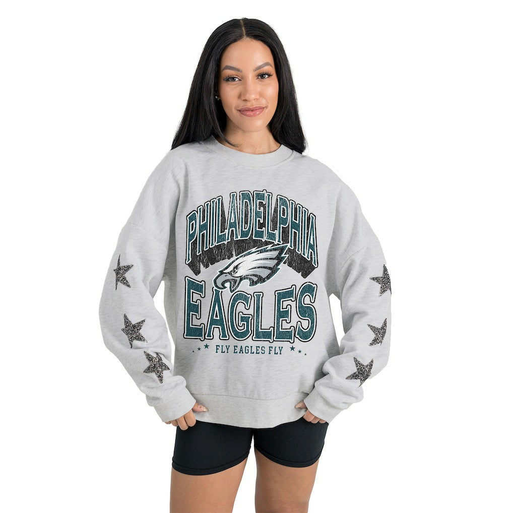 Philadelphia Eagles Gameday Couture Women's Resilience Relaxed Rhinestone Pullover Sweatshirt Ash | NFL