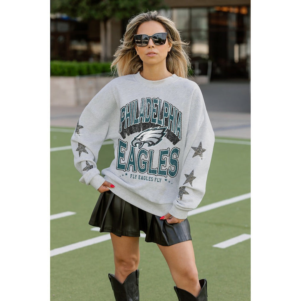 Philadelphia Eagles Gameday Couture Women's Resilience Relaxed Rhinestone Pullover Sweatshirt Ash | NFL
