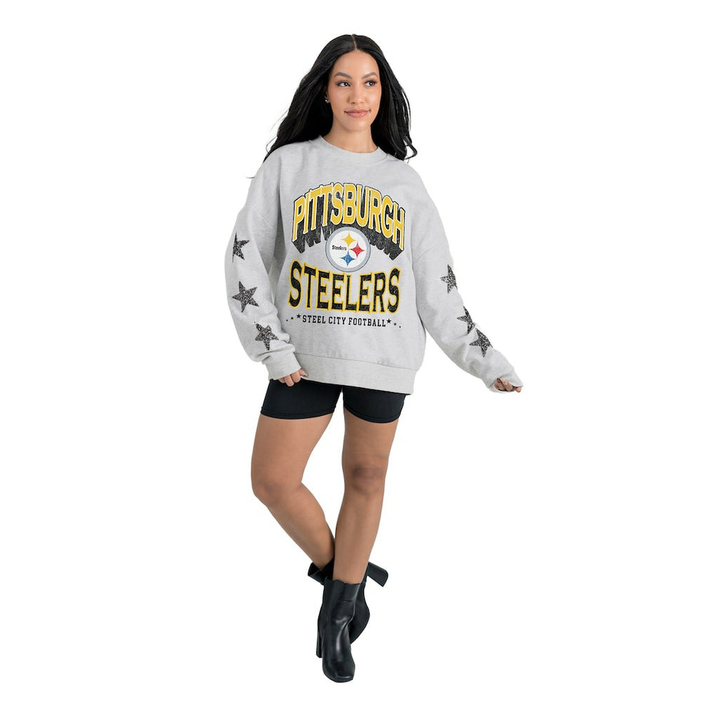 Pittsburgh Steelers Gameday Couture Women's Resilience Relaxed Rhinestone Pullover Sweatshirt Ash | NFL