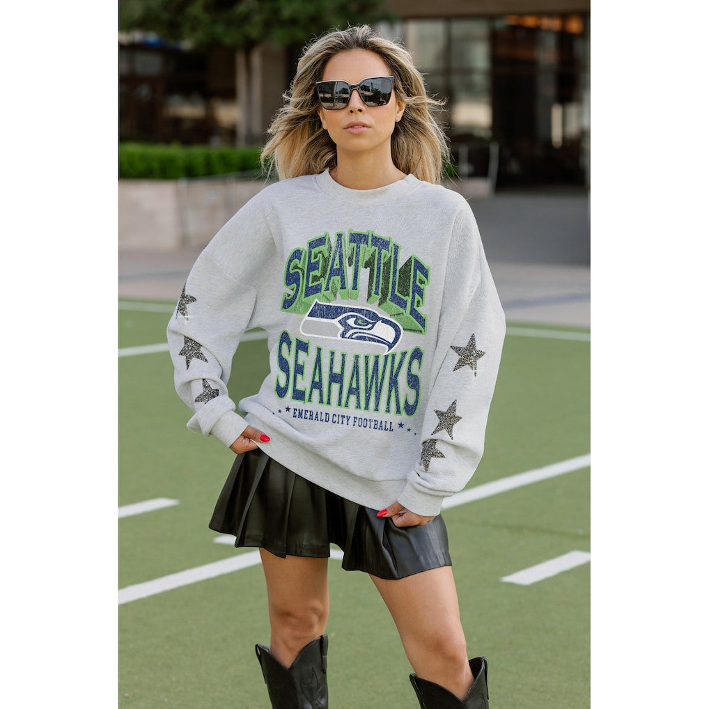 Seattle Seahawks Gameday Couture Women's Resilience Relaxed Rhinestone Pullover Sweatshirt Ash | NFL