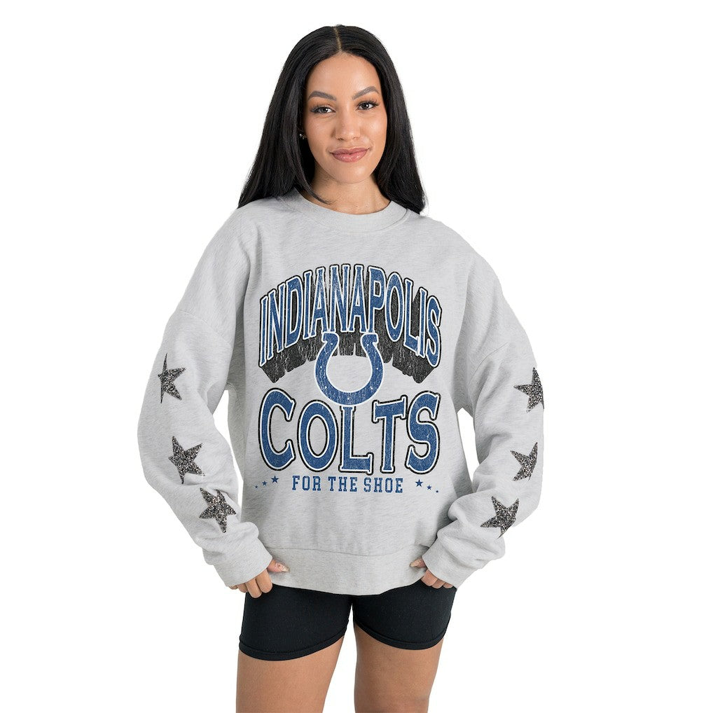 Indianapolis Colts Gameday Couture Women's Resilience Relaxed Rhinestone Pullover Sweatshirt Ash | NFL