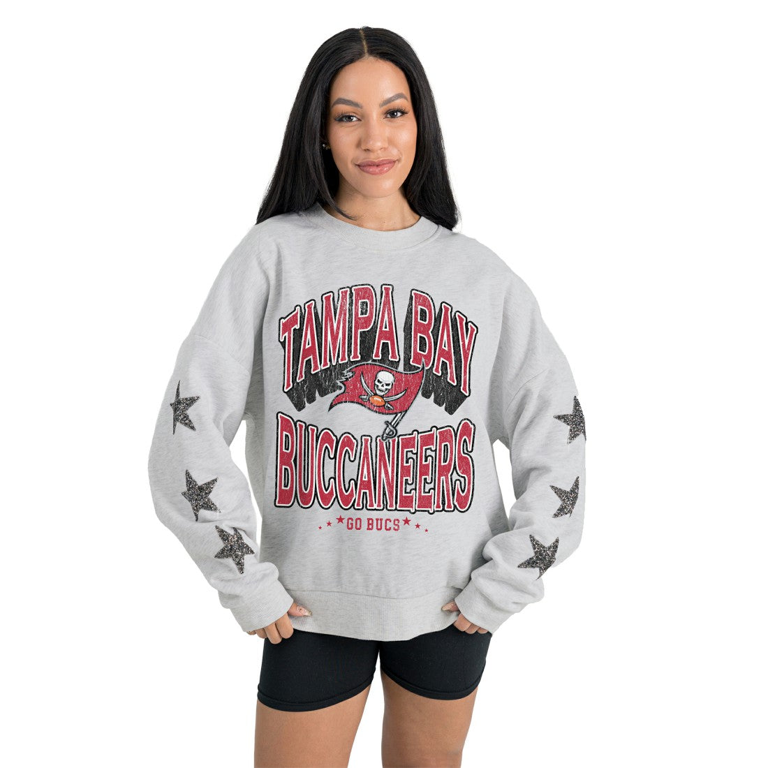 Tampa Bay Buccaneers Gameday Couture Women's Resilience Relaxed Rhinestone Pullover Sweatshirt Ash | NFL