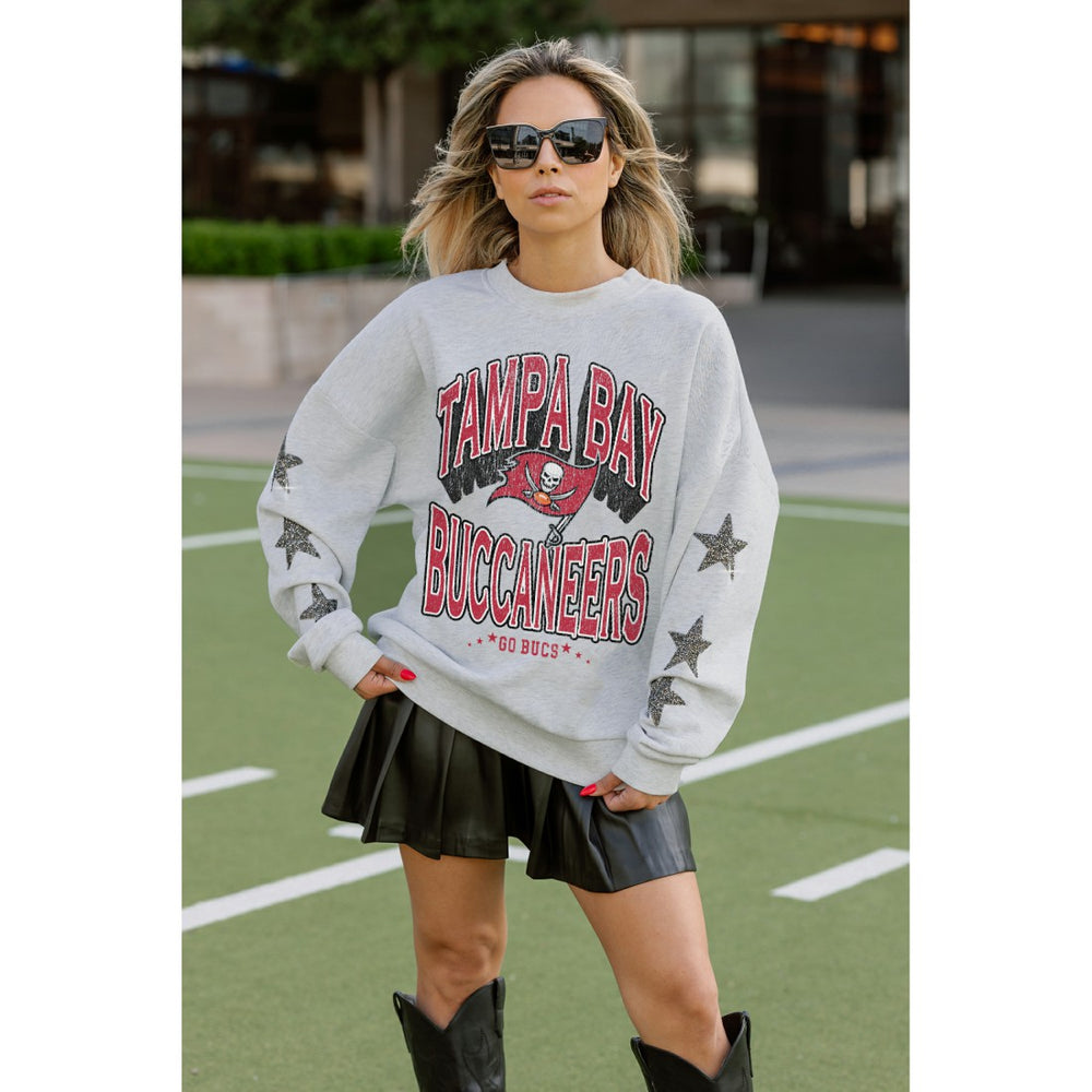 Tampa Bay Buccaneers Gameday Couture Women's Resilience Relaxed Rhinestone Pullover Sweatshirt Ash | NFL