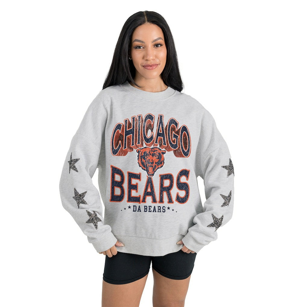 Chicago Bears Gameday Couture Women's Resilience Relaxed Rhinestone Pullover Sweatshirt Ash | NFL