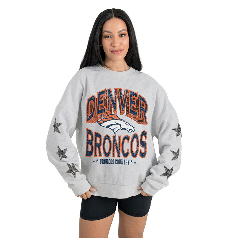 Denver Broncos Gameday Couture Women's Resilience Relaxed Rhinestone Pullover Sweatshirt Ash | NFL