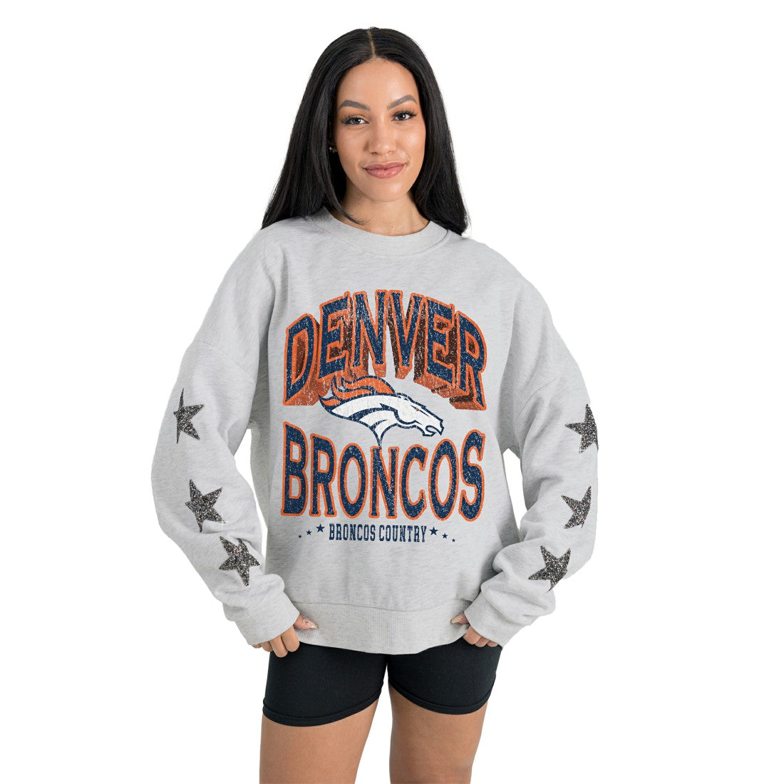 Denver Broncos Gameday Couture Women's Resilience Relaxed Rhinestone Pullover Sweatshirt Ash | NFL