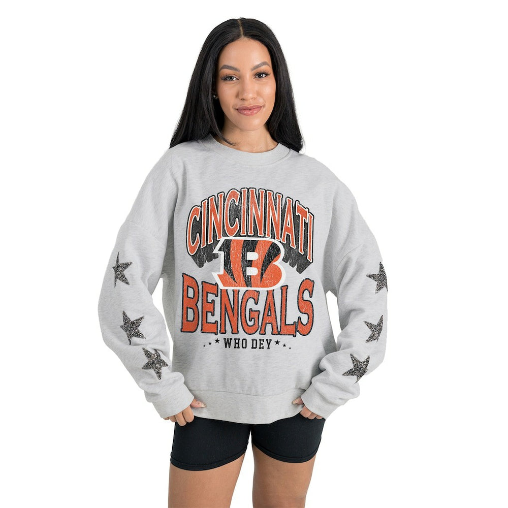 Cincinnati Bengals Gameday Couture Women's Resilience Relaxed Rhinestone Pullover Sweatshirt Ash | NFL