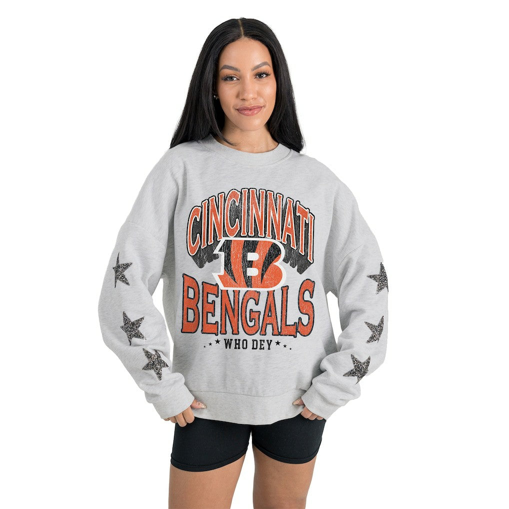 Cincinnati Bengals Gameday Couture Women's Resilience Relaxed Rhinestone Pullover Sweatshirt Ash | NFL
