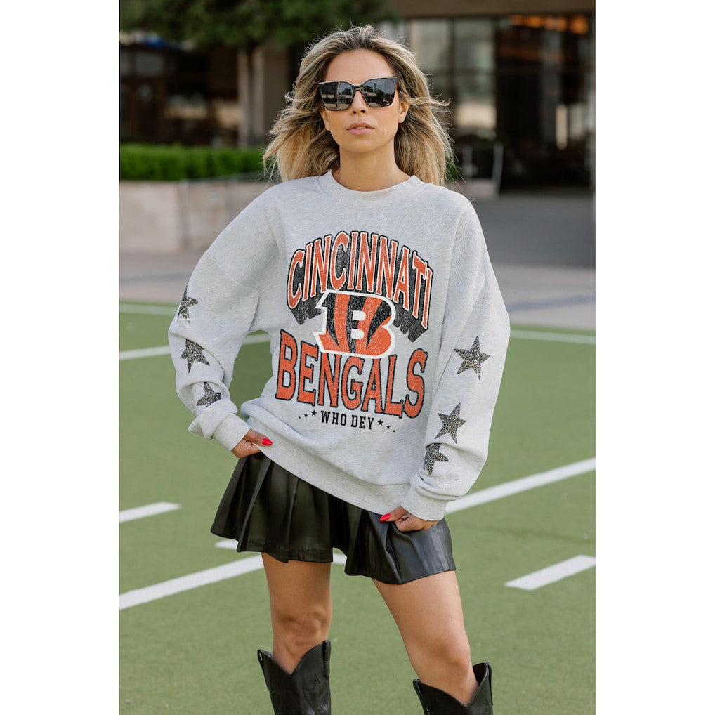 Cincinnati Bengals Gameday Couture Women's Resilience Relaxed Rhinestone Pullover Sweatshirt Ash | NFL