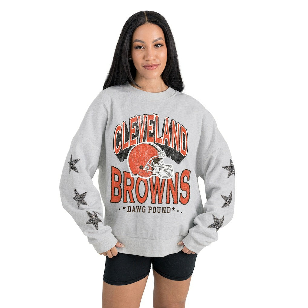Cleveland Browns Gameday Couture Women's Resilience Relaxed Rhinestone Pullover Sweatshirt Ash | NFL