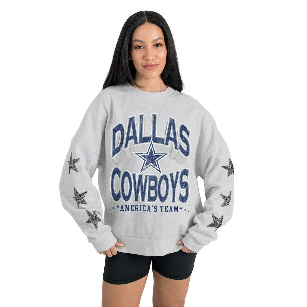 Dallas Cowboys Gameday Couture Women's Resilience Relaxed Rhinestone Pullover Sweatshirt Ash | NFL