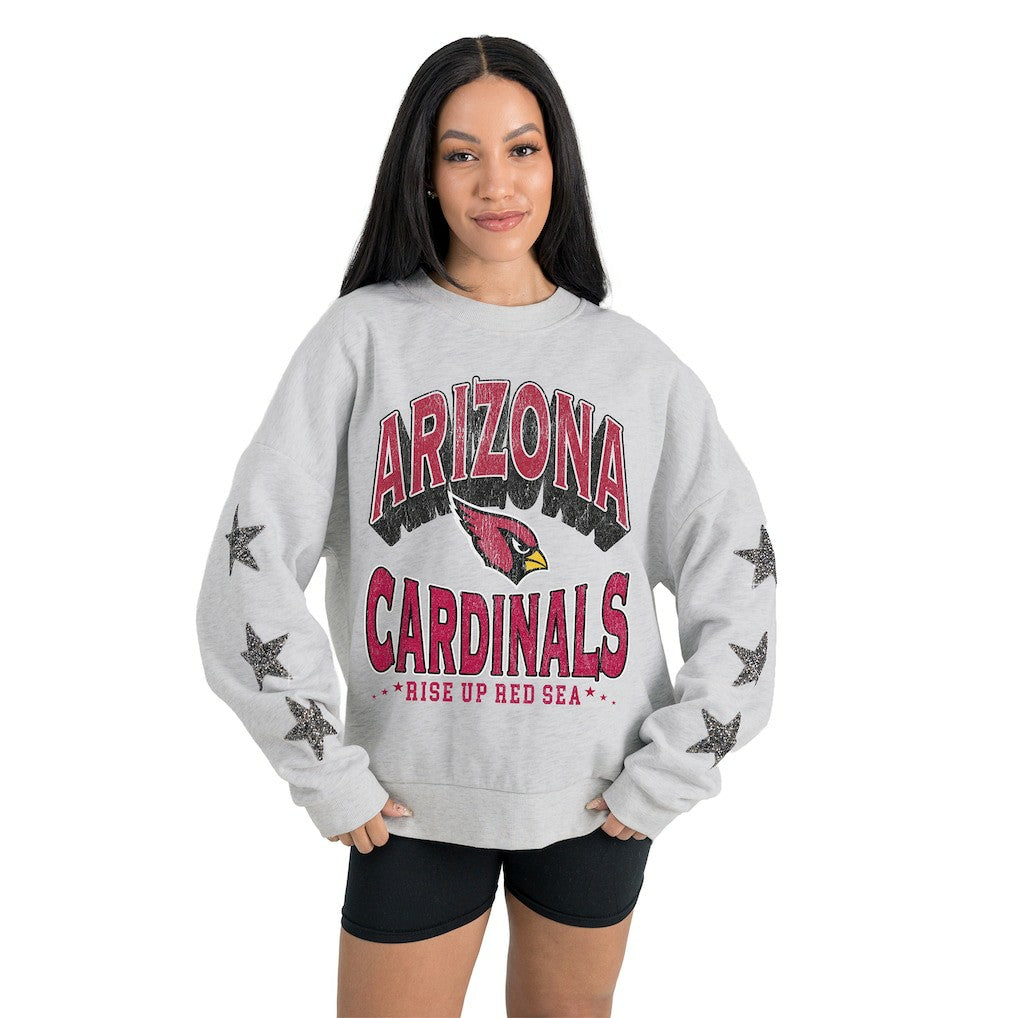 Arizona Cardinals Gameday Couture Women's Resilience Relaxed Rhinestone Pullover Sweatshirt Ash | NFL