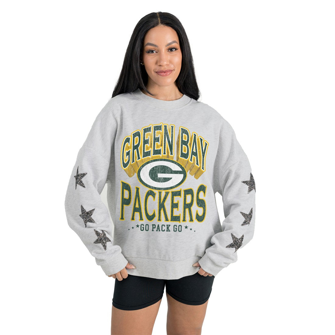 Green Bay Packers Gameday Couture Women's Resilience Relaxed Rhinestone Pullover Sweatshirt Ash | NFL