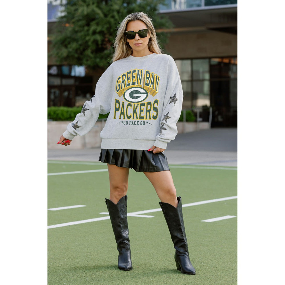 Green Bay Packers Gameday Couture Women's Resilience Relaxed Rhinestone Pullover Sweatshirt Ash | NFL