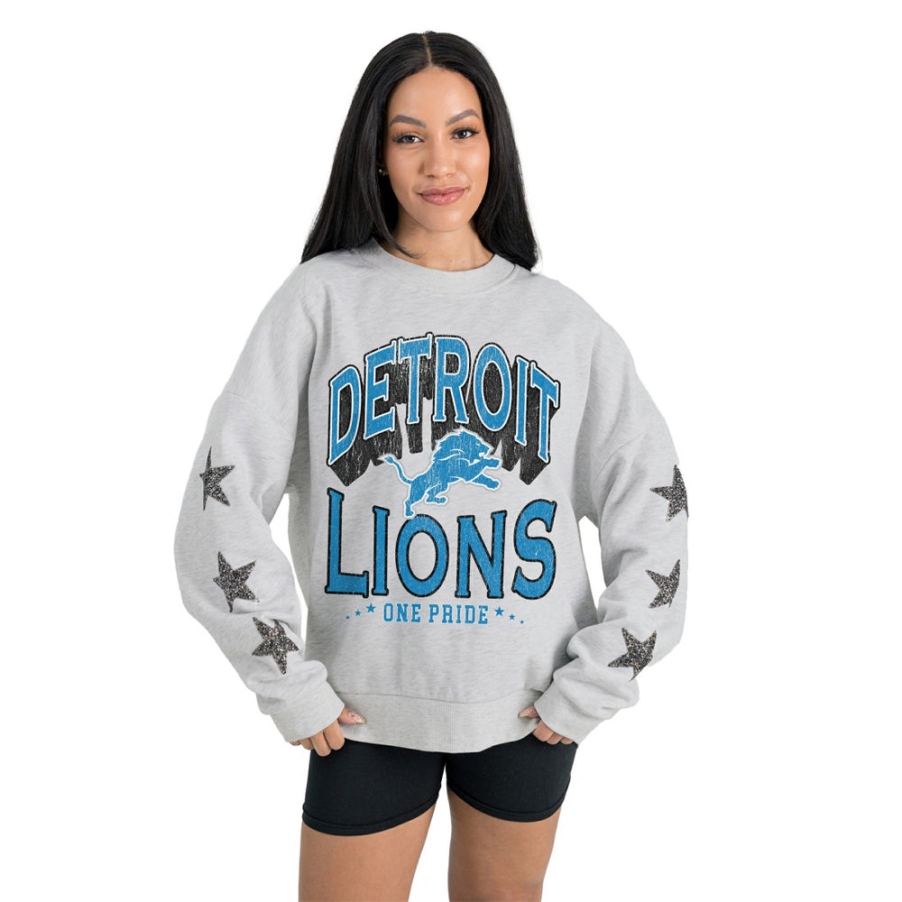 Detroit Lions Gameday Couture Women's Resilience Relaxed Rhinestone Pullover Sweatshirt Ash | NFL