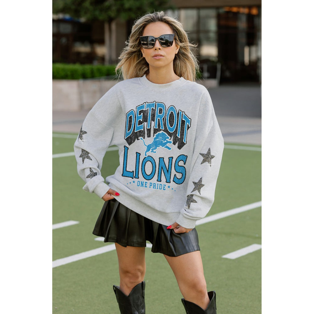 Detroit Lions Gameday Couture Women's Resilience Relaxed Rhinestone Pullover Sweatshirt Ash | NFL