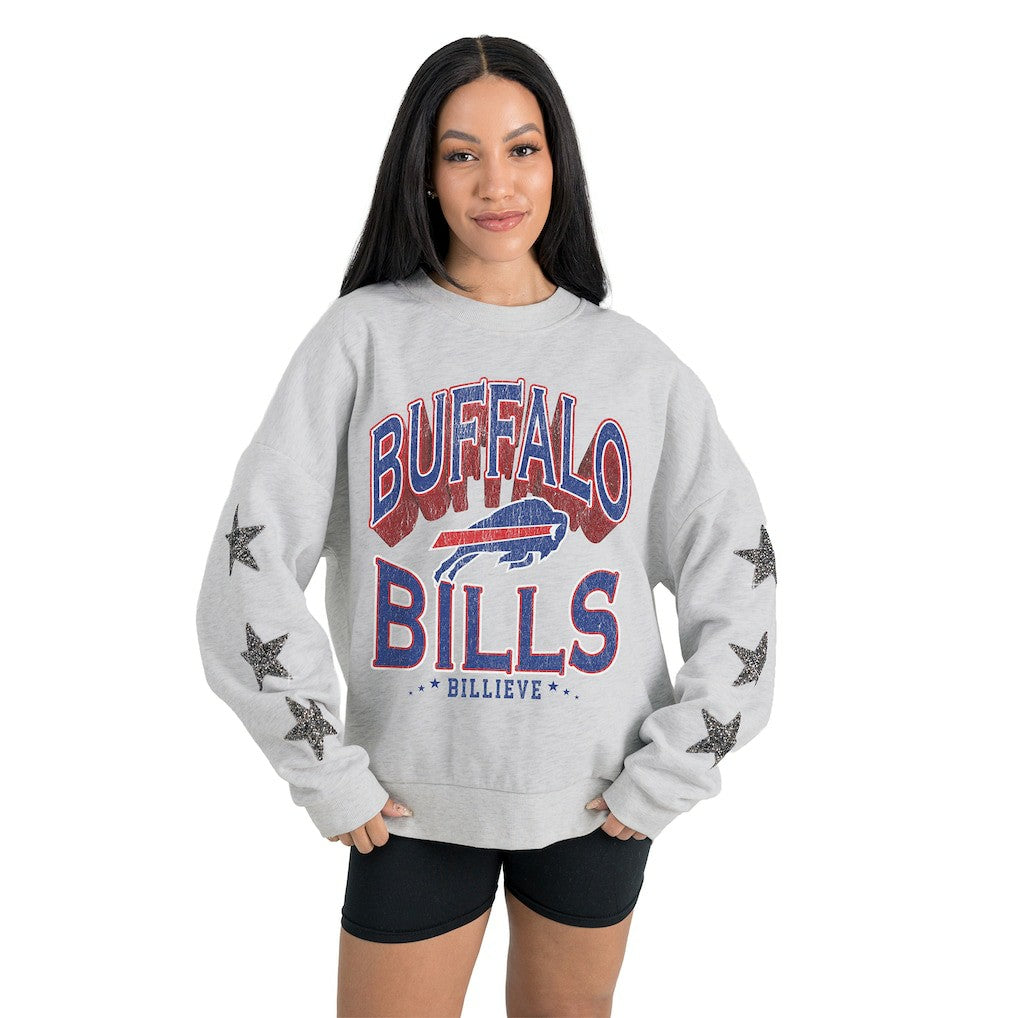 Buffalo Bills Gameday Couture Women's Resilience Relaxed Rhinestone Pullover Sweatshirt Ash | NFL