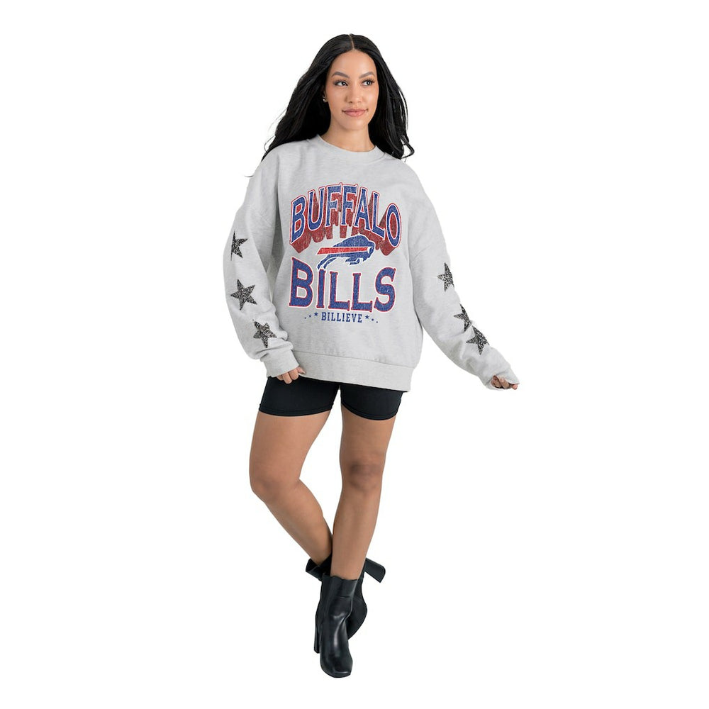 Buffalo Bills Gameday Couture Women's Resilience Relaxed Rhinestone Pullover Sweatshirt Ash | NFL