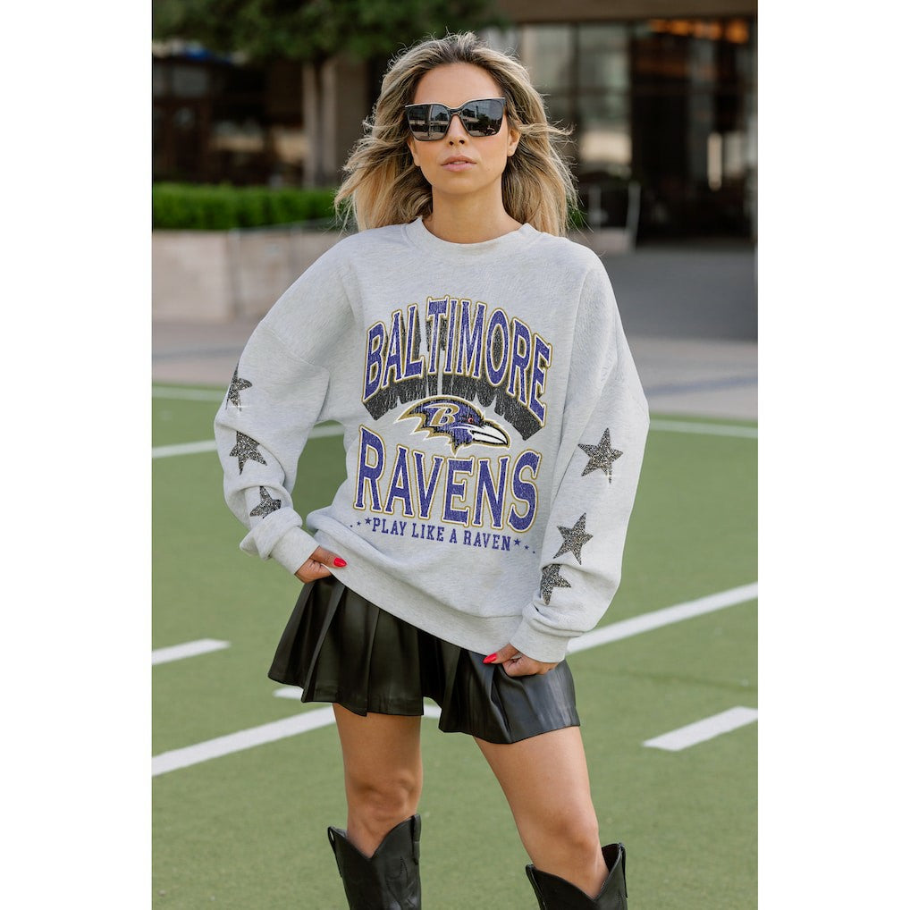 Baltimore Ravens Gameday Couture Women's Resilience Relaxed Rhinestone Pullover Sweatshirt Ash | NFL