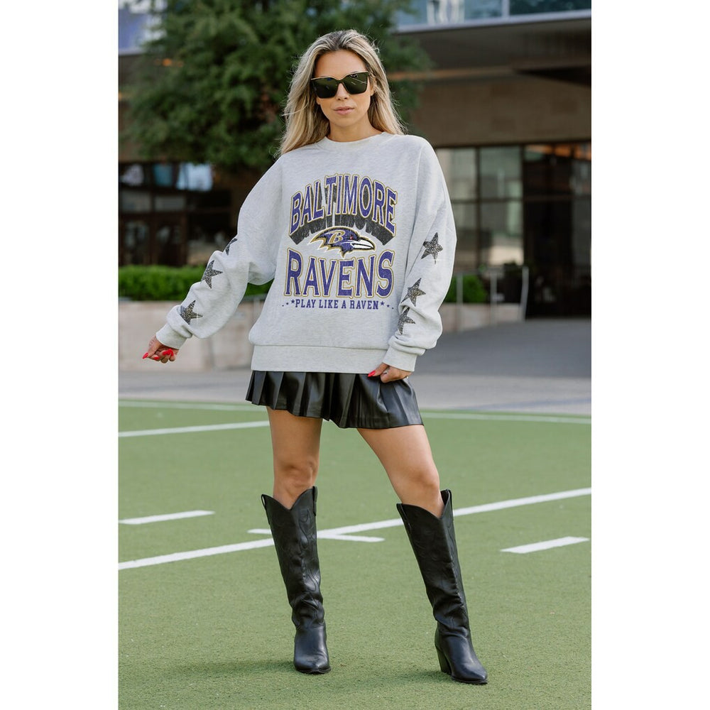 Baltimore Ravens Gameday Couture Women's Resilience Relaxed Rhinestone Pullover Sweatshirt Ash | NFL