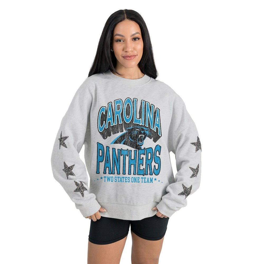 Carolina Panthers Gameday Couture Women's Resilience Relaxed Rhinestone Pullover Sweatshirt Ash | NFL