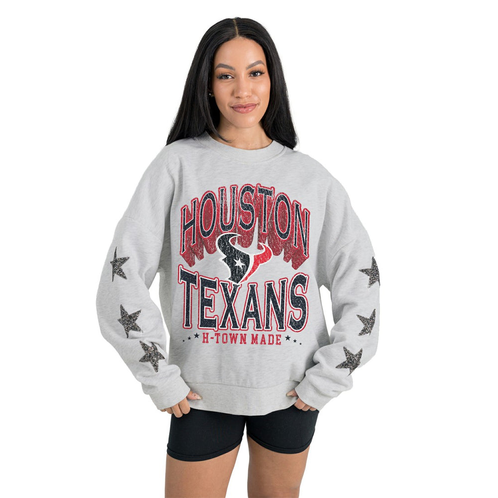 Houston Texans Gameday Couture Women's Resilience Relaxed Rhinestone Pullover Sweatshirt Ash | NFL