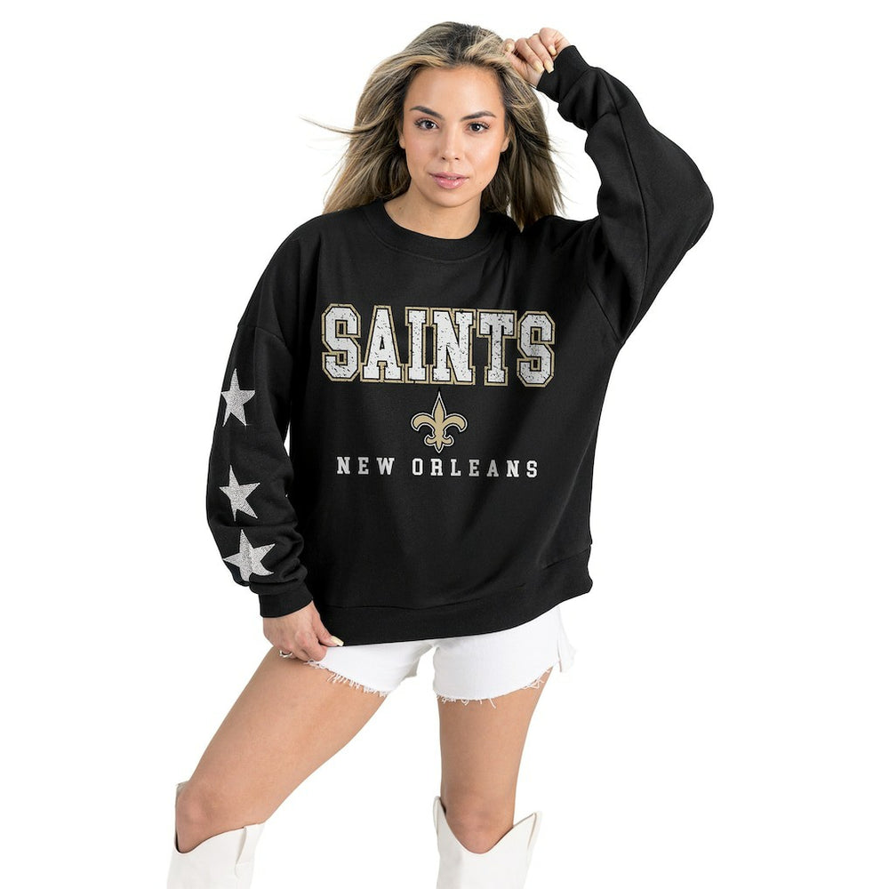 New Orleans Saints Gameday Couture Women's Velocity Relaxed Rhinestone Pullover Sweatshirt Black | NFL
