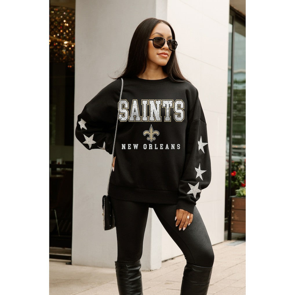 New Orleans Saints Gameday Couture Women's Velocity Relaxed Rhinestone Pullover Sweatshirt Black | NFL