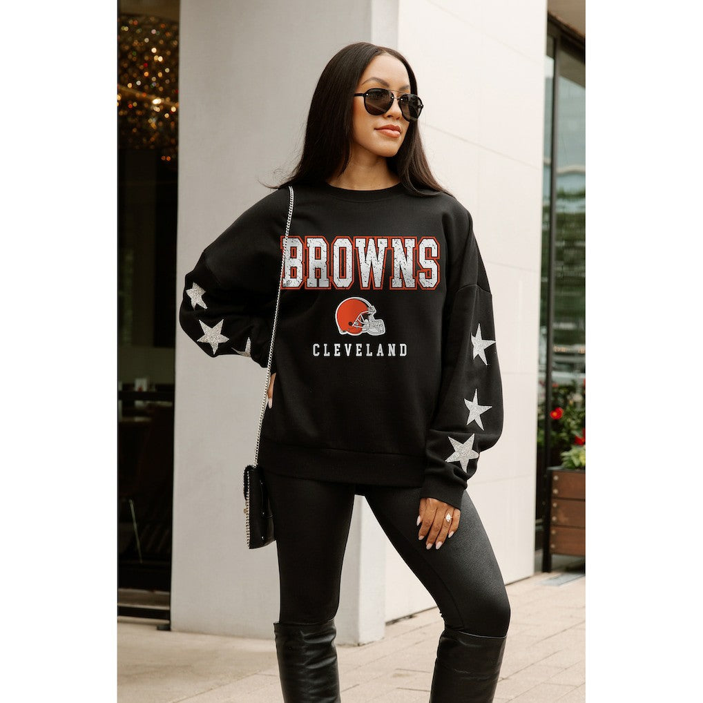Cleveland Browns Gameday Couture Women's Velocity Relaxed Rhinestone Pullover Sweatshirt Black | NFL