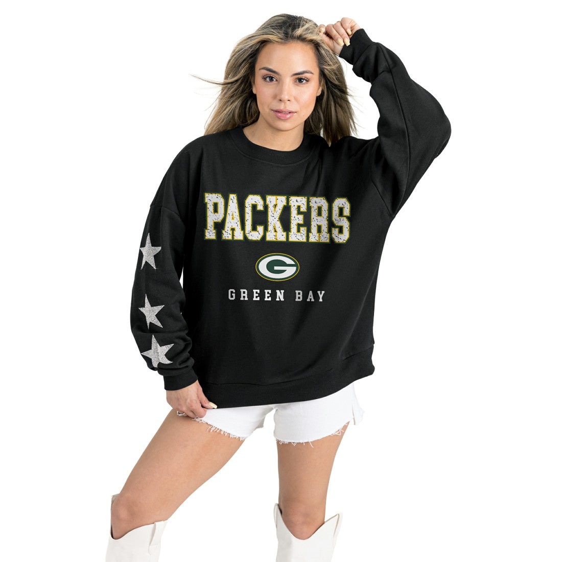 Green Bay Packers Gameday Couture Women's Velocity Relaxed Rhinestone Pullover Sweatshirt Black | NFL