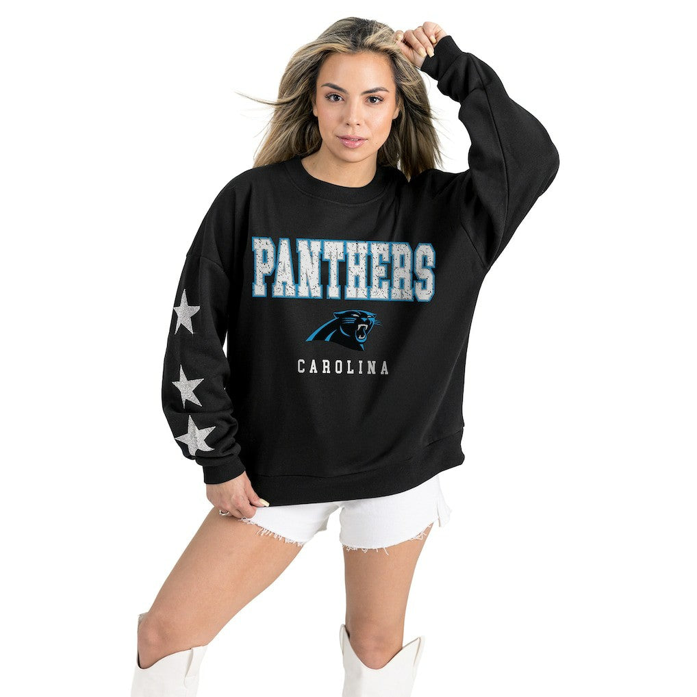 Carolina Panthers Gameday Couture Women's Velocity Relaxed Rhinestone Pullover Sweatshirt Black | NFL